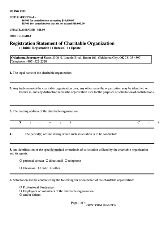 Fillable Sos Form 101a 01/13 - Registration Statement Of Charitable Organization - Oklahoma Secretary Of State Printable pdf
