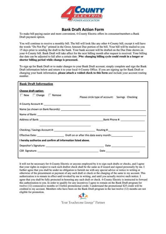 Bank Draft Action Form - 4 County Electric Printable pdf