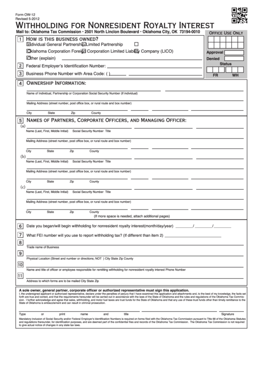 Fillable Form Ow-12 - Withholding For Nonresident Royalty Interest - Oklahoma Printable pdf