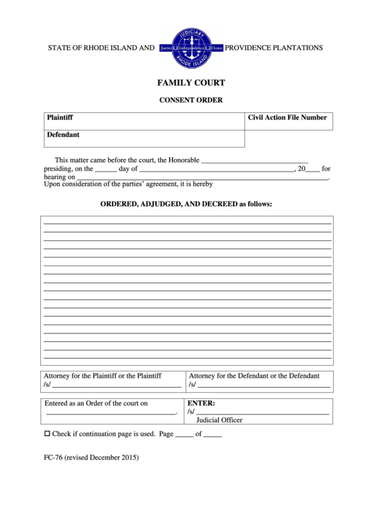 Fillable Consent Order Form - State Of Rhode Island And Providence Plantations Family Court Printable pdf