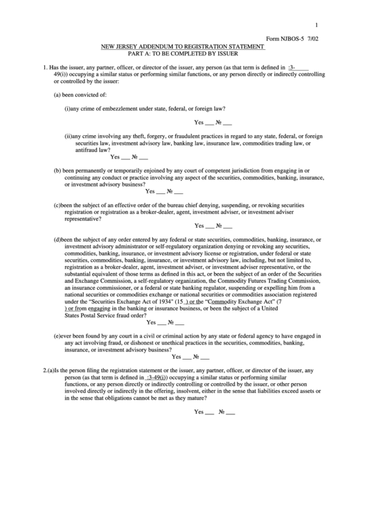 Form Njbos-5 - New Jersey Addendum To Registration Statement Printable pdf