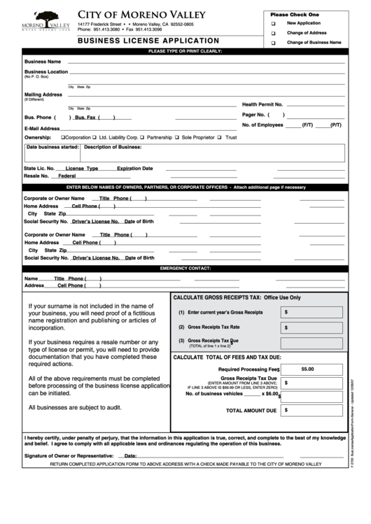 Business License Application Form - City Of Moreno Valley Printable pdf