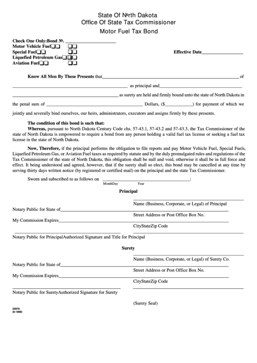 Fillable Motor Fuel Tax Bond Form - North Dakota Printable pdf
