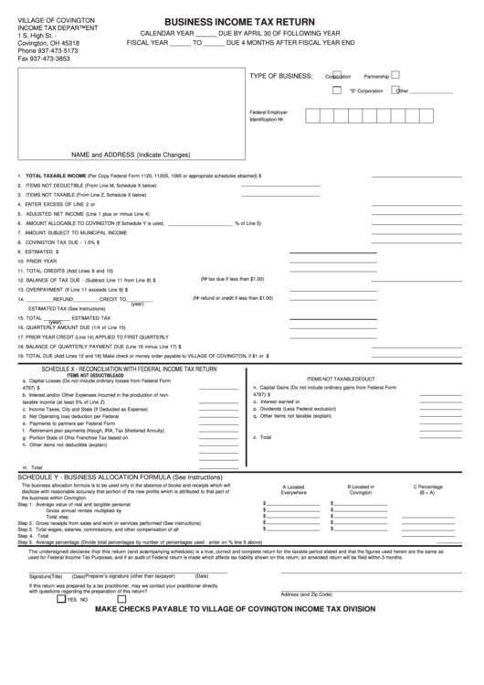 Business Income Tax Return Form - Village Of Covington Income Tax Department Printable pdf