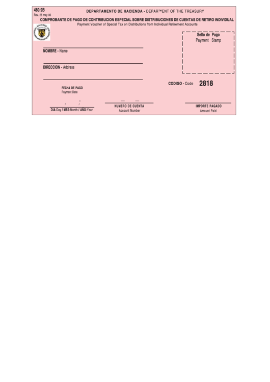 480.9b - Payment Voucher Of Special Tax On Distributions From Individual Retirement Accounts Printable pdf