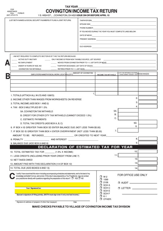 Form-R - Covington Income Tax Return Form printable pdf download