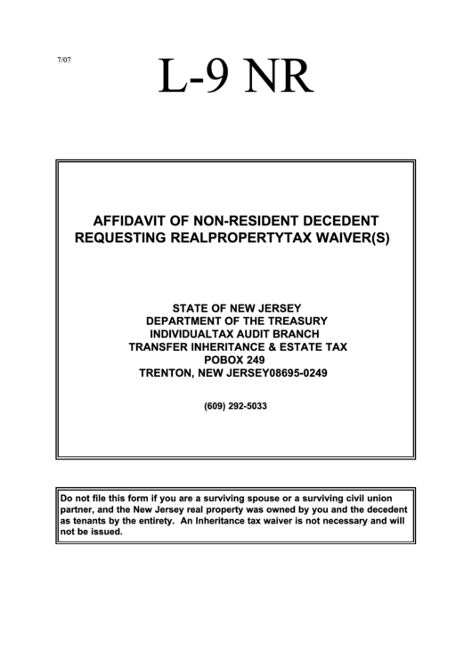 Form L-9 Nr - Affidavit Form Of Non-Resident Decedent Requesting Real Property Tax Waiver(S) With Instructions Printable pdf