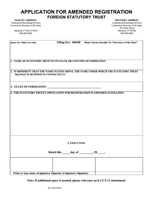 Application For Amended Registration Form - Foreign Statutory Trust - 2007 Printable pdf