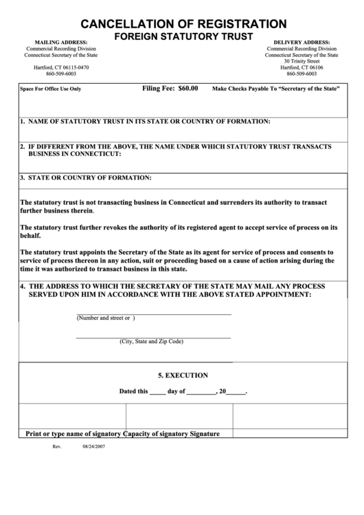 Cancellation Of Registration Form - Foreign Statutory Trust - 2007 Printable pdf