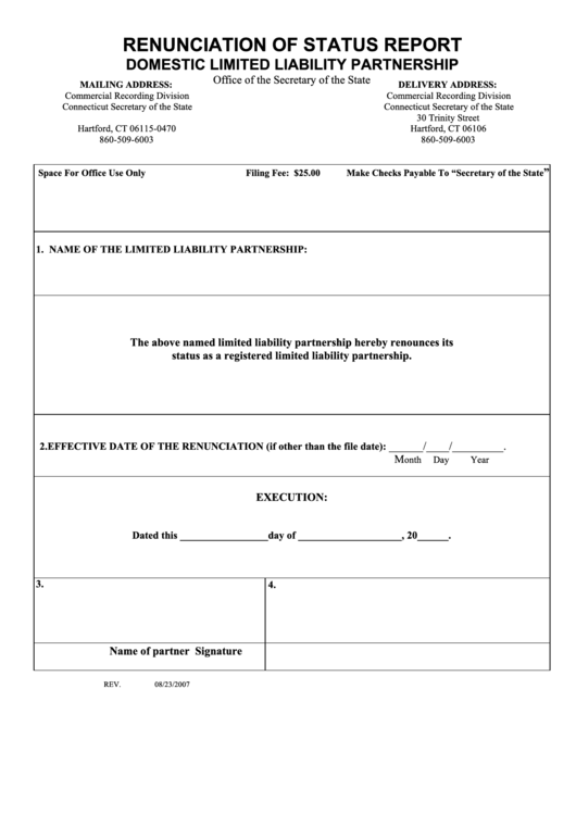 Renunciation Of Status Report Domestic Limited Liability Partnership - Connecticut Secretary Of State Printable pdf