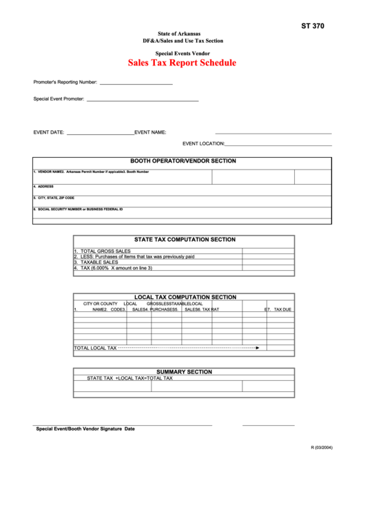 Fillable St 370 - Sales Tax Report Schedule - Arkansas Printable pdf