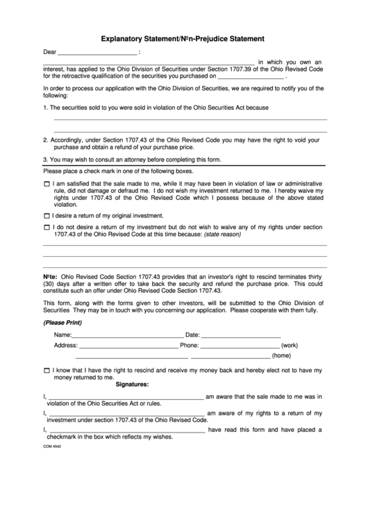 Explanatory Statement/non-Prejudice Statement Form Printable pdf