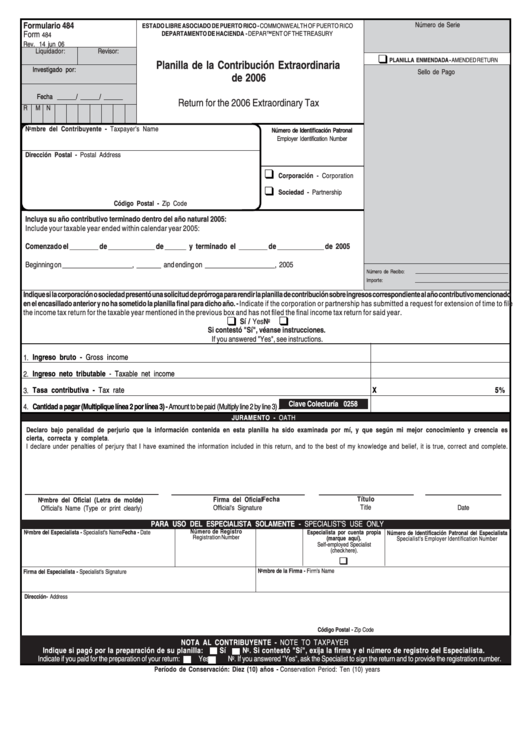 Form 484 - Return For The 2006 Extraordinary Tax Form Printable pdf