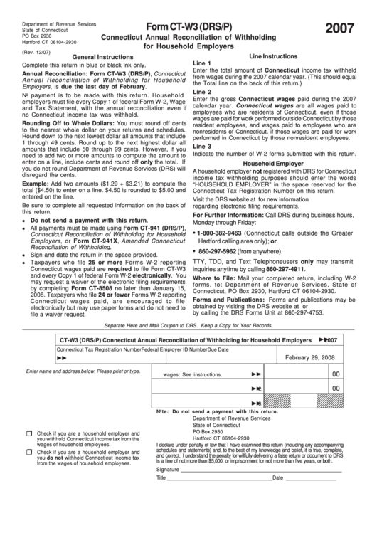 Form Ct-W3 (Drs/p) - Connecticut Annual Reconciliation Of Withholding For Household Employers - 2007 Printable pdf