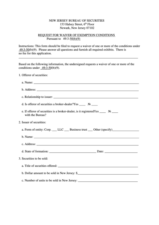 Form Njbos-19 - Request For Waiver Of Exemption Conditions Printable pdf