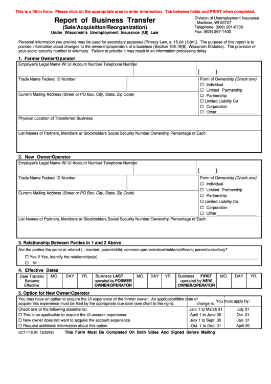 Fillable Form Uct-115 12/03 Wisconsin Report Of Business Transfer Printable pdf