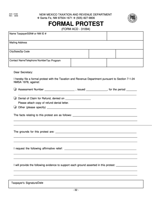 Form Acd-31094 - Formal Protest Printable pdf