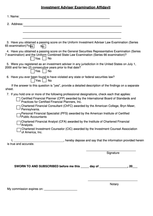 Fillable Investment Adviser Examination Affidavit Form Printable pdf