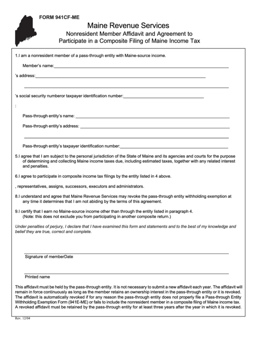 Form 941cf-Me - Nonresident Member Affidavit And Agreement To Participate In A Composite Filing Of Maine Income Tax Printable pdf