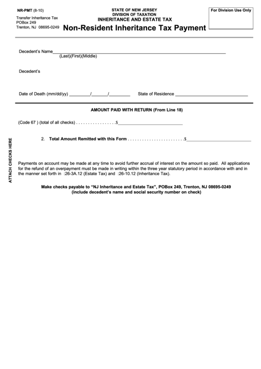 Fillable Nr-Pmt 8/10 - Non-Resident Inheritance Tax Payment - New Jersey Printable pdf