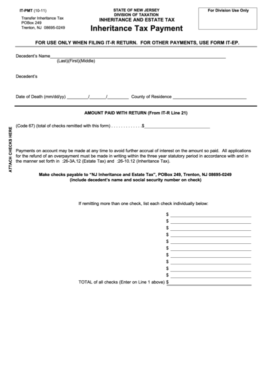 Fillable Form It-Pmt - Inheritance Tax Payment - New Jersey Printable pdf