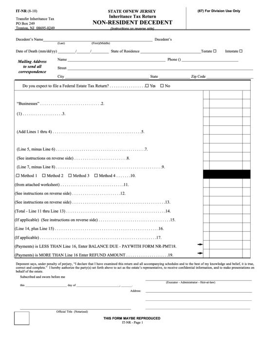 Fillable Form It-Nr - Non-Resident Decedent Printable pdf