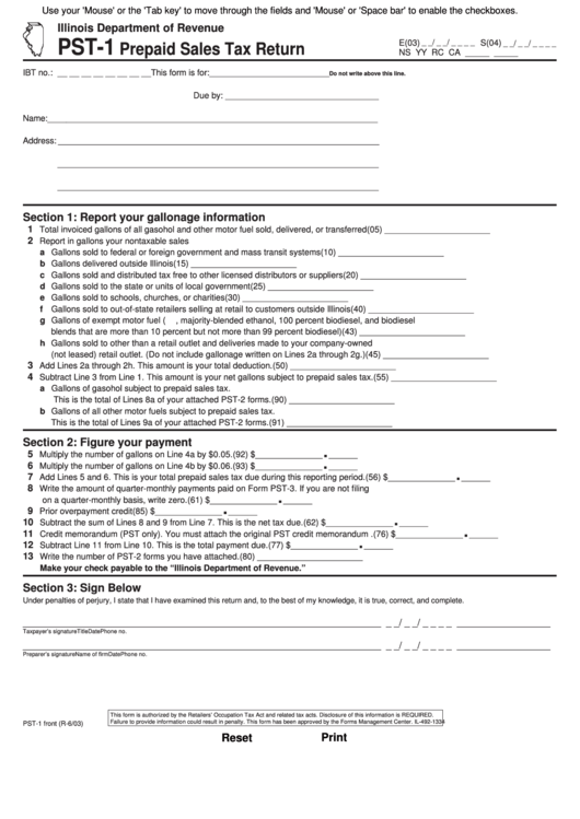 Fillable Form Pst-1 - Prepaid Sales Tax Return Printable pdf