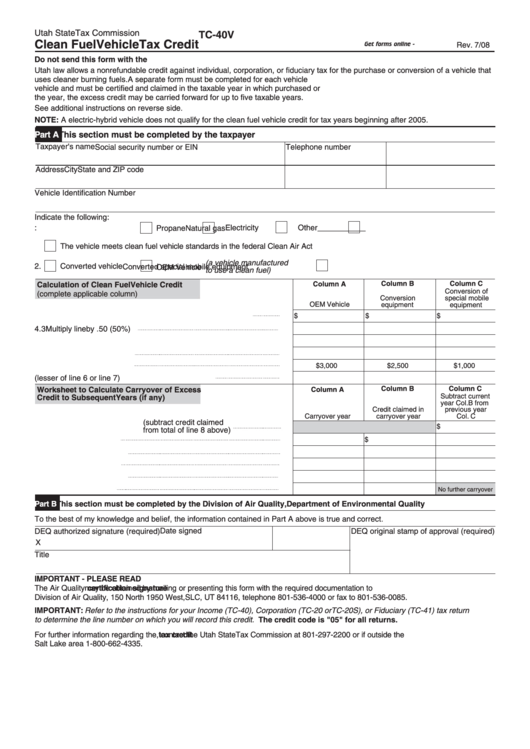 Tc-40v 7/08 - Clean Fuel Vehicle Tax Credit - Utah Printable pdf