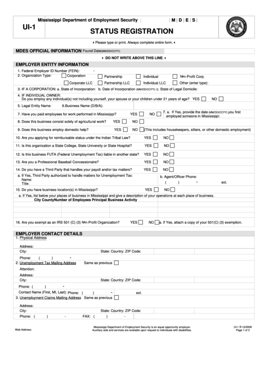 Ui-1 R 12/06 - Status Registration - Mississippi Department Of Employment Security Printable pdf