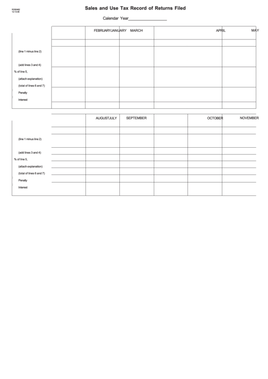 Form Ro00462 - Sales And Use Tax Record Of Returns Filed Printable pdf