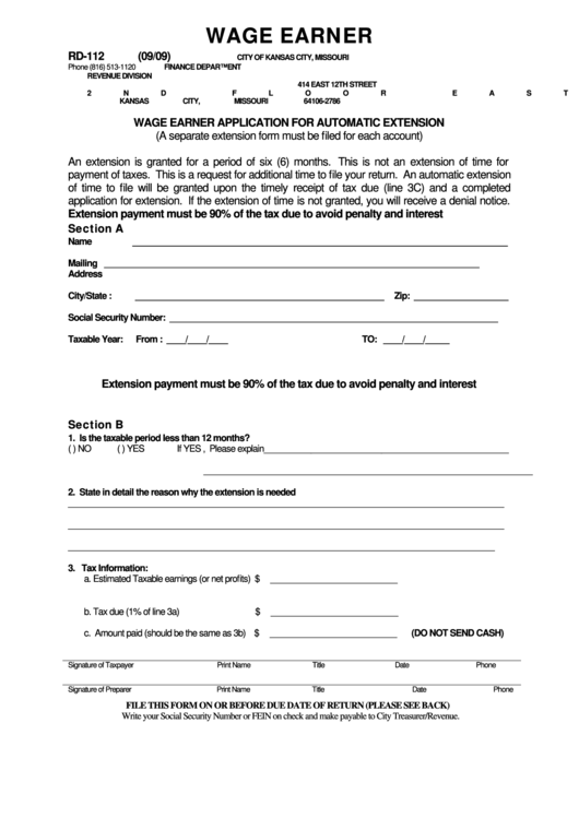Form Rd-112 - Wage Earner Application For Automatic Extension - Kansas, Missouri Printable pdf