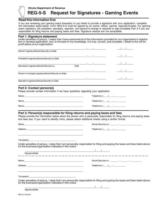 Reg-5-S - Request For Signatures - Gaming Events Form Printable pdf