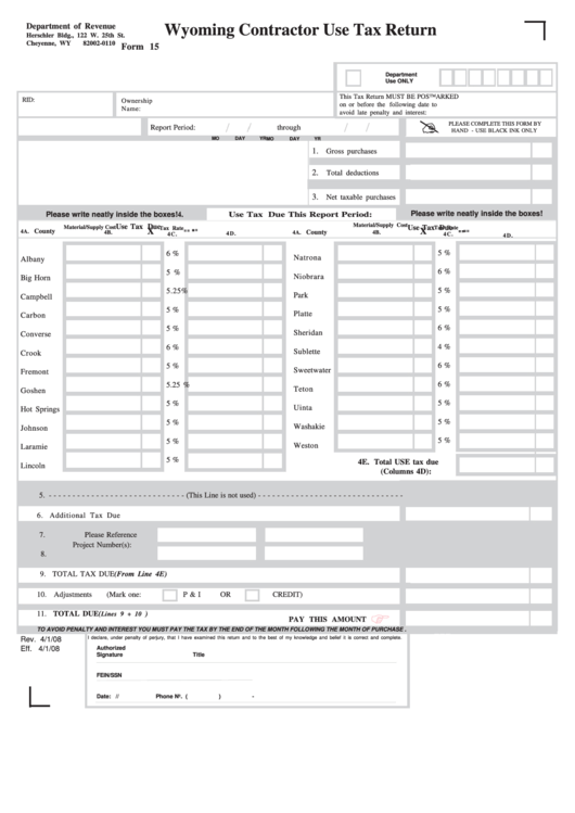 Form 15 - Wyoming Contractor Use Tax Return Form 2008 Printable pdf