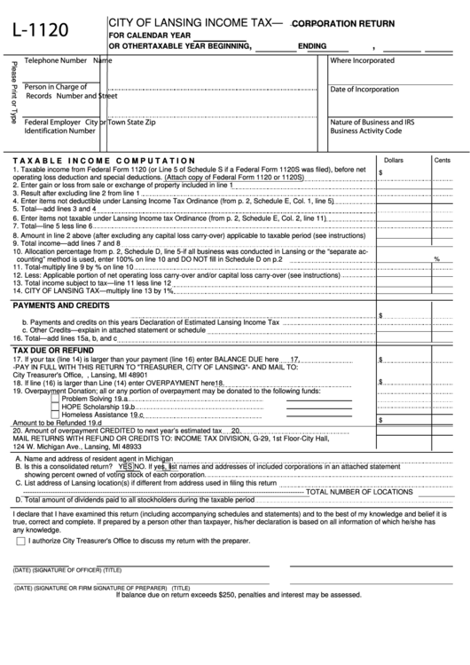 Fillable Form L-1120 - Income Tax Corporation Return - City Of Lansing Printable pdf