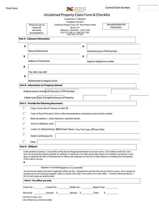 Fillable Cot/st 912 - Unclaimed Property Claim Form & Checklist Printable pdf
