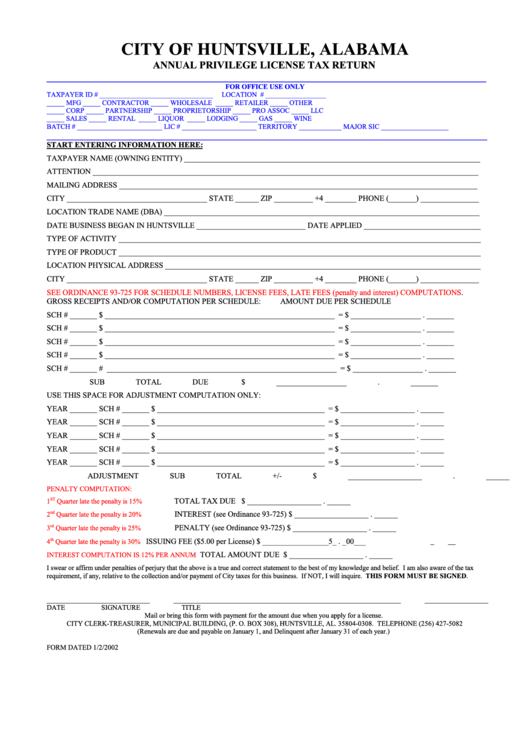Annual Privilege License Tax Return Form - City Of Huntsville, Alabama Printable pdf