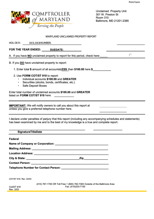 Fillable Cot/st 918 - Maryland Unclaimed Property Report Template Printable pdf