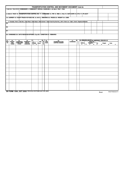 Fillable Dd Form 1384 10/00 - Transportation Control And Movement Document Printable pdf
