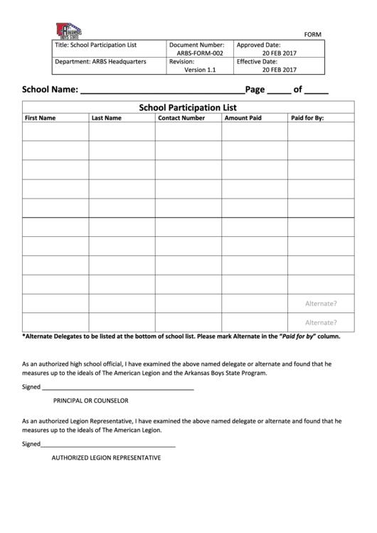 School Participation List Form Printable pdf