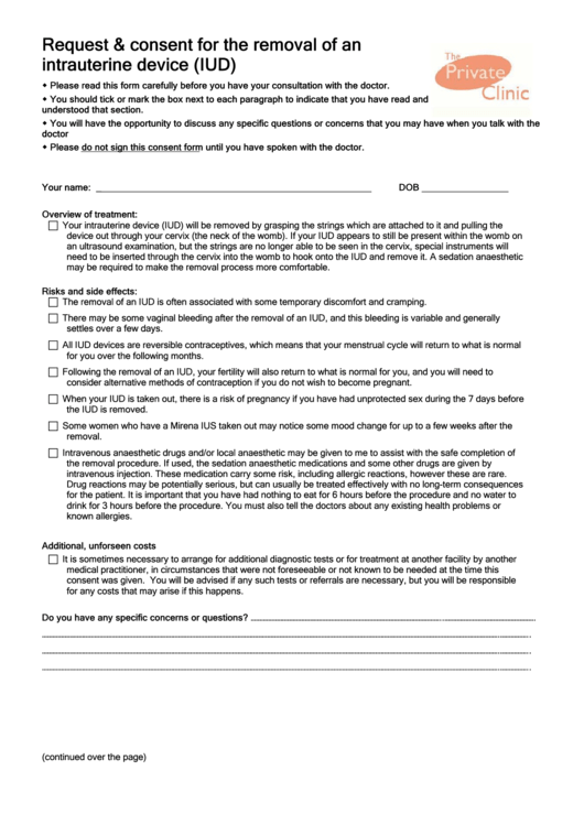 Request & Consent For The Removal Of An Intrauterine Device Form Printable pdf