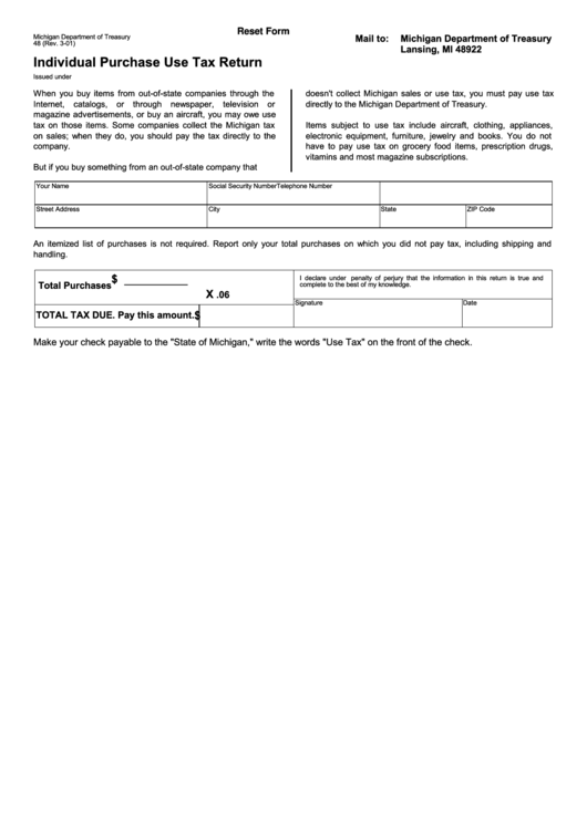 Fillable Form 48 - Individual Purchase Use Tax Return Printable pdf