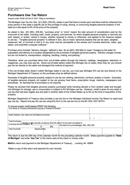 Fillable Form 48 - Purchasers Use Tax Return - 2012 Printable pdf