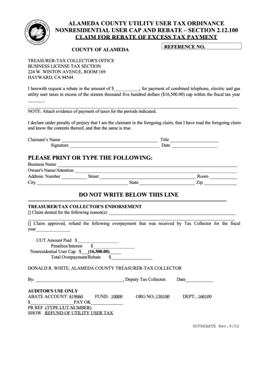 Alameda County Utility User Tax Ordinance Nonresidential User Cap And Rebate - Section 2.12.100 Claim For Rebate Of Excess Tax Payment Form Printable pdf