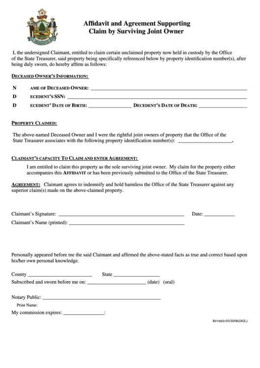 Affidavit And Agreement Supporting Claim By Surviving Joint Owner Form Printable pdf