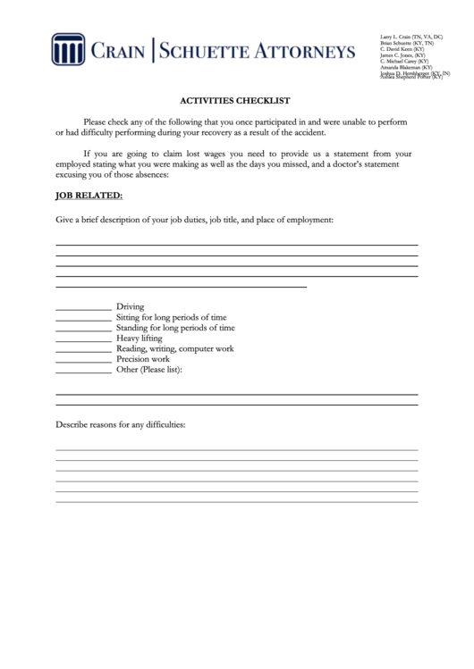 Fillable Activities Checklist - Crain/schuette Attorneys Printable pdf