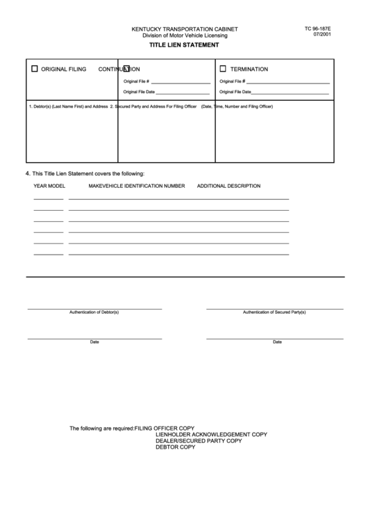 Form Tc 96-187e - Title Lien Statement - Kentucky Transportation Cabinet Printable pdf