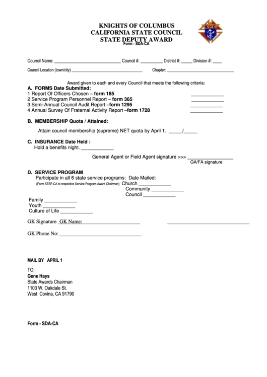 Fillable Form - Sda-Ca - Knights Of Columbus California State Council State Deputy Award Printable pdf