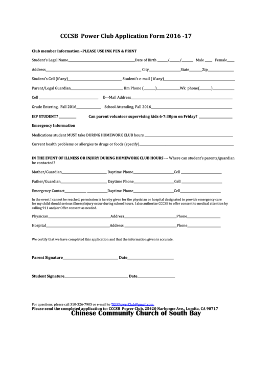 Cccsb T.g.i.f. Power Club Application Form Printable pdf