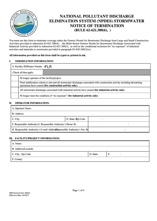 Fillable National Pollutant Discharge Elimination System (Npdes) Stormwater Notice Of Termination Form - Florida Department Printable pdf