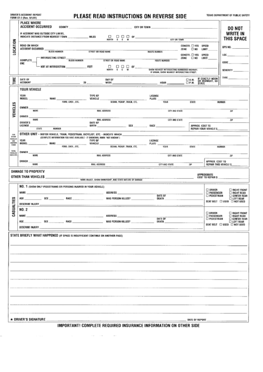 Form St-2 - Driver Accident Report Form - Texas Department Of Public Safety Printable pdf